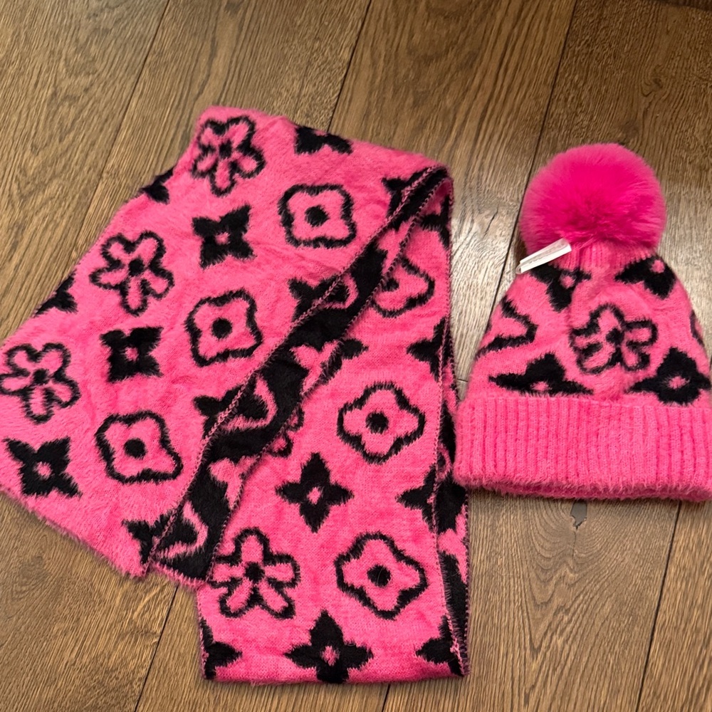 Pink and Black Winter Hat and Scarf Set